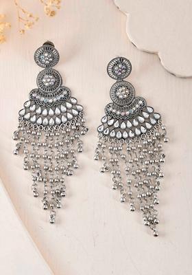 Silver Plated Ghungroo Oxidized Drop Long Earrings