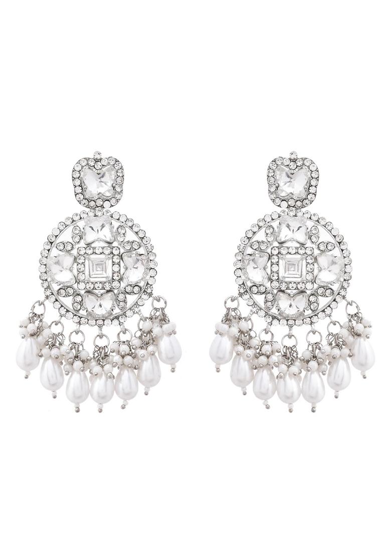 Silver Plated Stone Studded Crescent Shapped Earrings