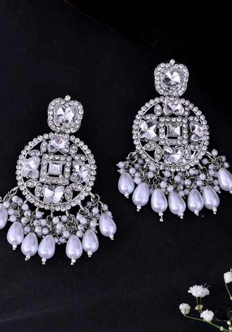Silver Plated Stone Studded Crescent Shapped Earrings