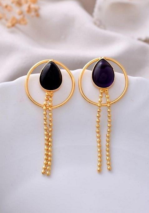Gold One Gram Plated Drop Shaped Black Stone Studded Earrings