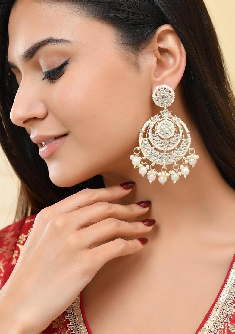White Kundan And Pearl Studded Circular Earrings