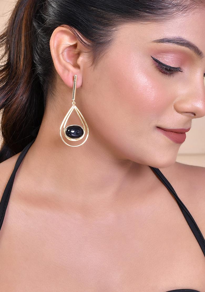 Gold Plated Black Stone Studded Handcrafted Drop Earrings