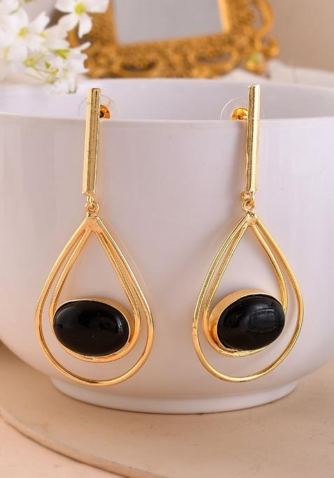 Gold Plated Black Stone Studded Handcrafted Drop Earrings