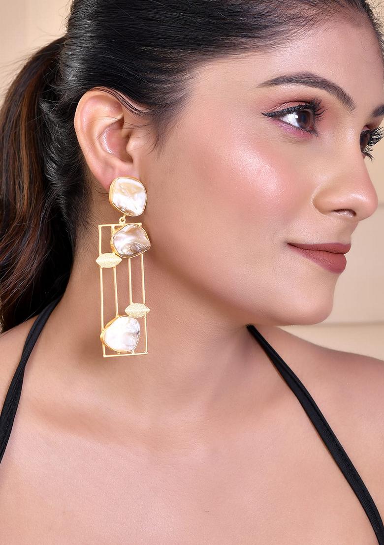 Gold Platet Stone Rectangular Shaped Earrings