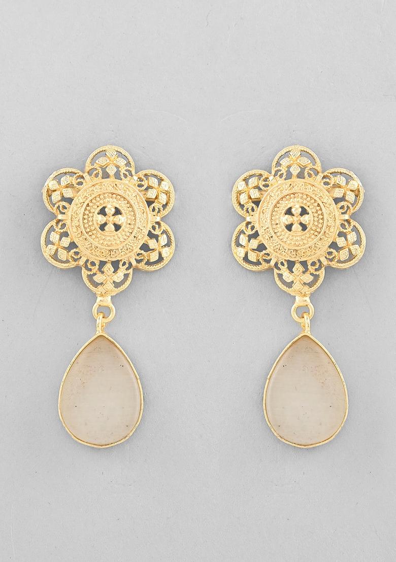 Gold Plated Flower Shaped Stone Studded Drop Earrings