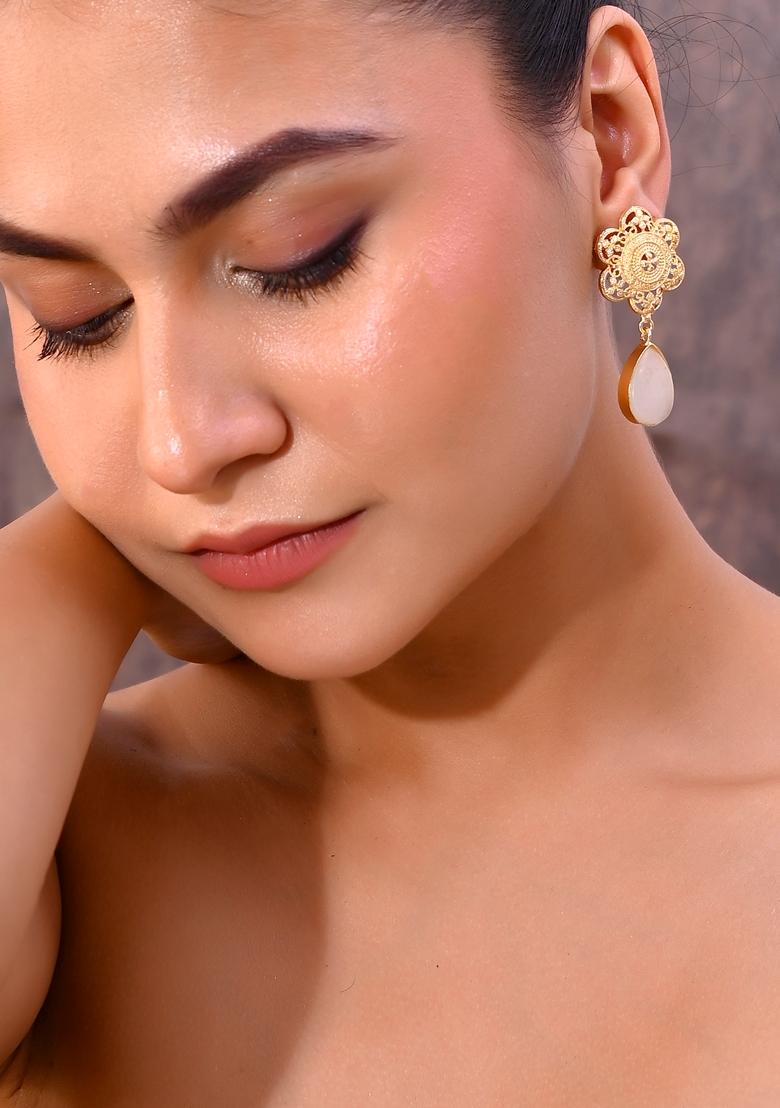 Gold Plated Flower Shaped Stone Studded Drop Earrings