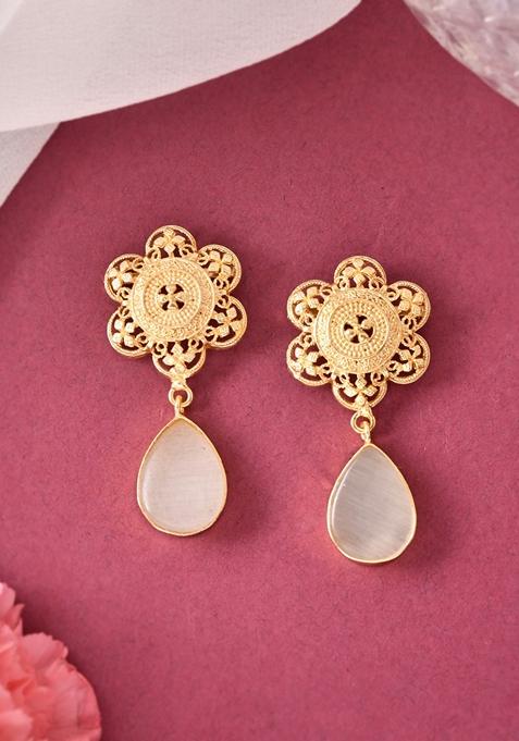 Gold Plated Flower Shaped Stone Studded Drop Earrings