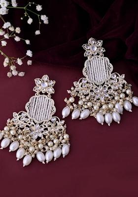 White Kundan Studded Pearl Drop Earrings