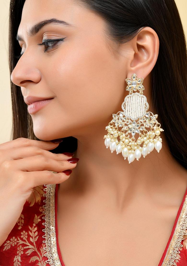 White Kundan Studded Pearl Drop Earrings
