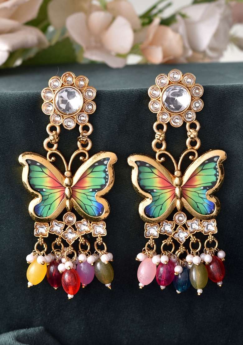 Gold Toned Colour Butterfly Shaped Long Earrings - Indya