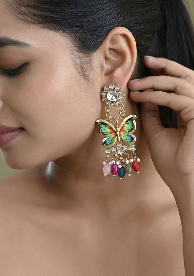 Gold Toned Colour Butterfly Shaped Long Earrings - Indya