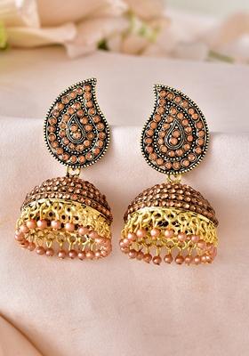 Gold Toned Stone Studded Done Shaped Jhumka Earrings