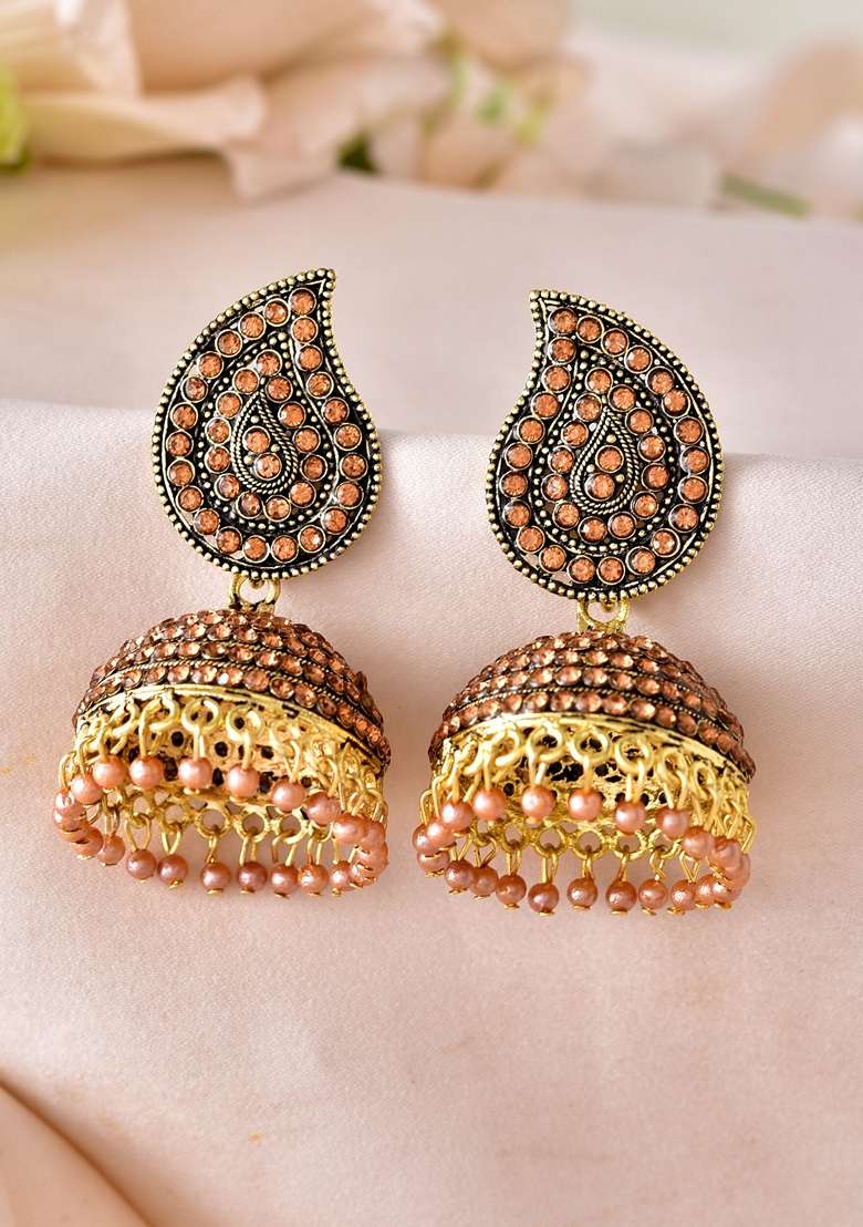Gold Toned Stone Studded Done Shaped Jhumka Earrings - Indya
