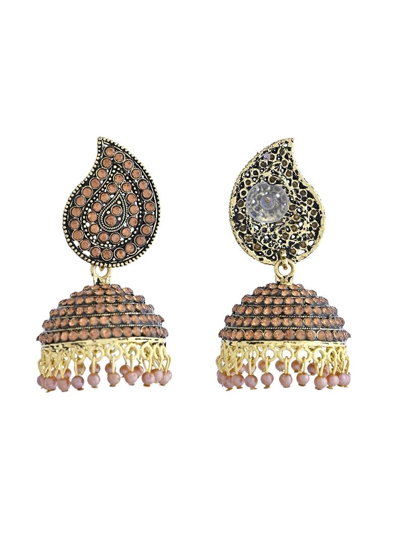 Gold Toned Stone Studded Done Shaped Jhumka Earrings