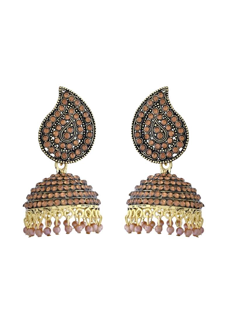 Gold Toned Stone Studded Done Shaped Jhumka Earrings - Indya