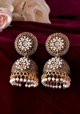 Gold Toned Stone Studded Done Shaped With Pearl Jhumka Earrings