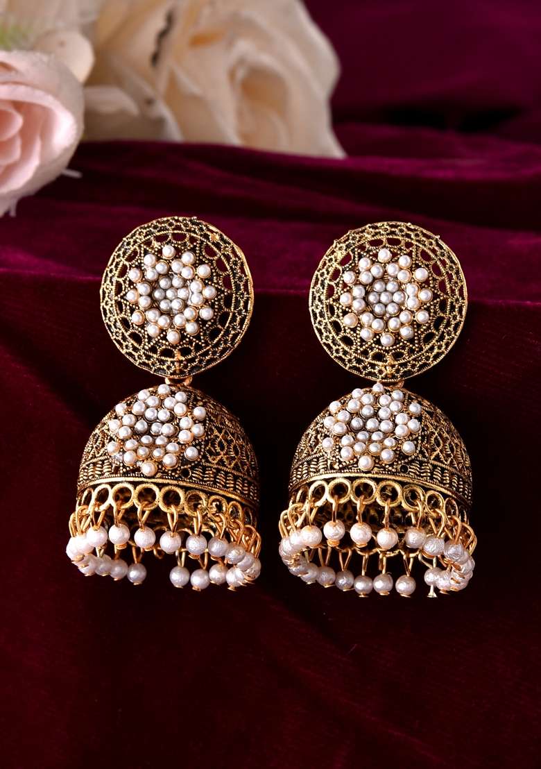 Gold Toned Stone Studded Done Shaped With Pearl Jhumka Earrings - Indya
