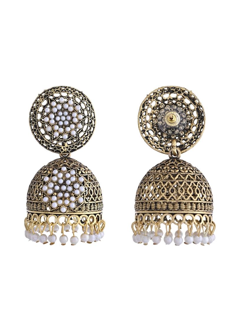 Gold Toned Stone Studded Done Shaped With Pearl Jhumka Earrings