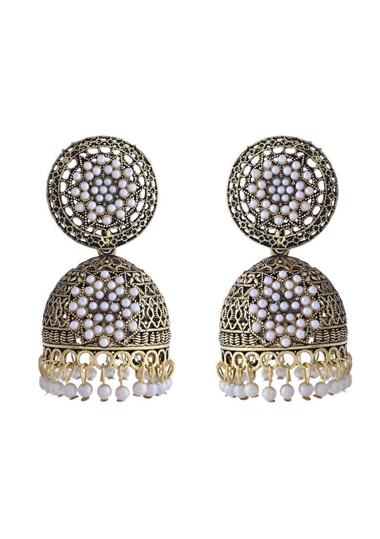 Gold Toned Stone Studded Done Shaped With Pearl Jhumka Earrings - Indya