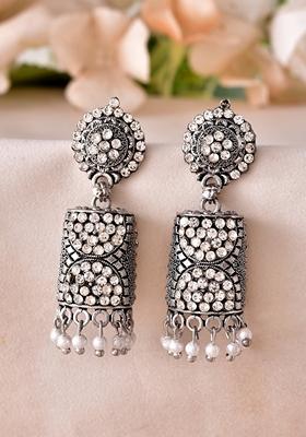 Silver Toned Stone Studded Jhumka Earrings