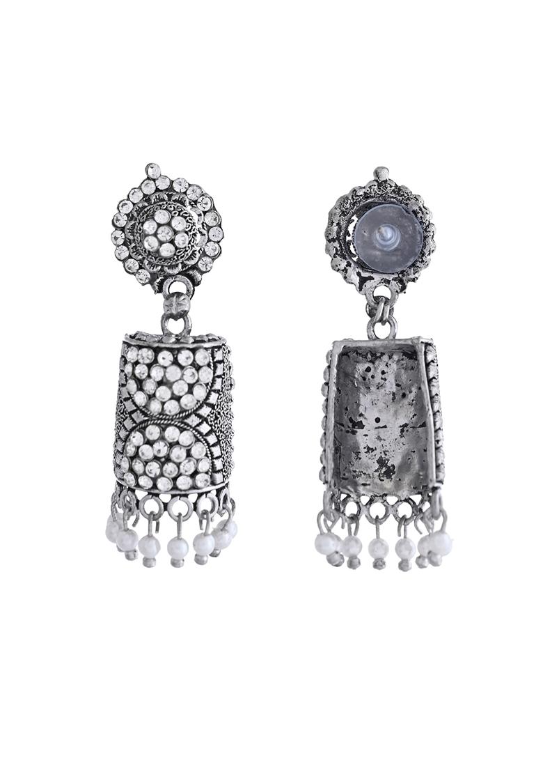 Silver Toned Stone Studded Jhumka Earrings