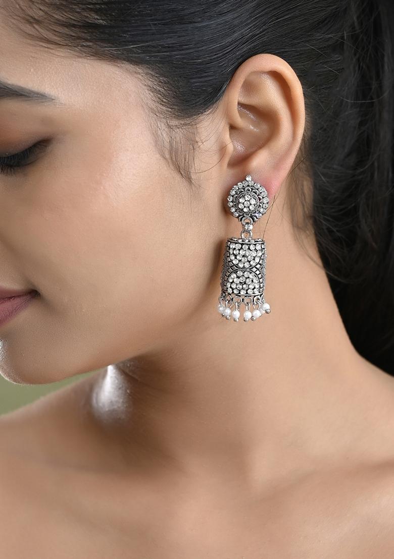 Silver Toned Stone Studded Jhumka Earrings