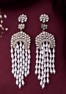 White Kundan Studded Pearl Long Drop Earrings