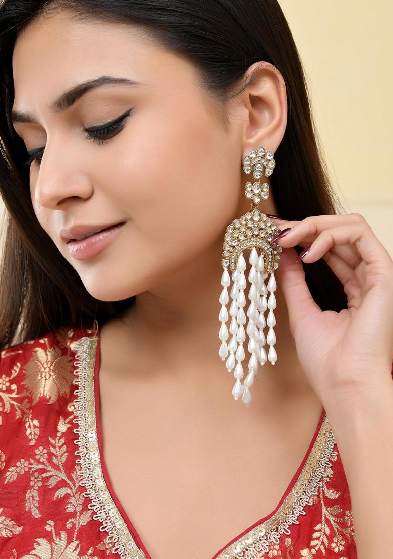 White Kundan Studded Pearl Long Drop Earrings