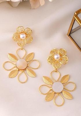 Gold Plated Pearl Studded Flower Shaped Drop Earrings