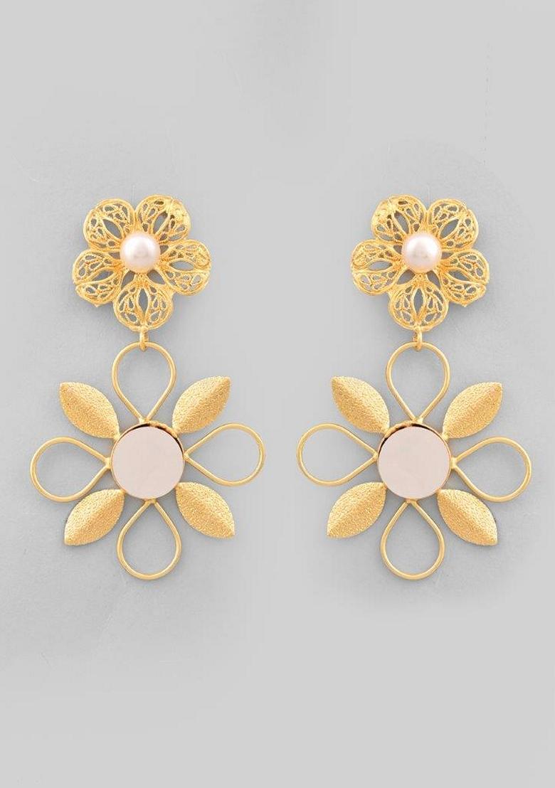 Gold Plated Pearl Studded Flower Shaped Drop Earrings
