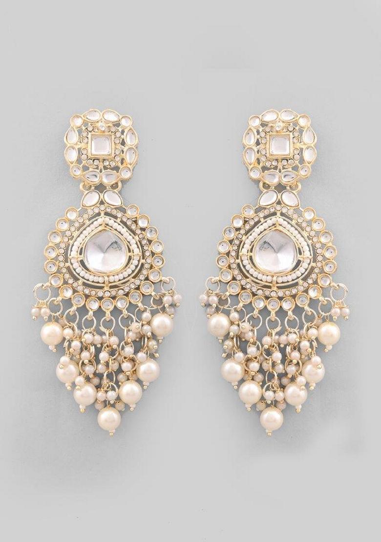 White Kundan Studded Drop Earrings