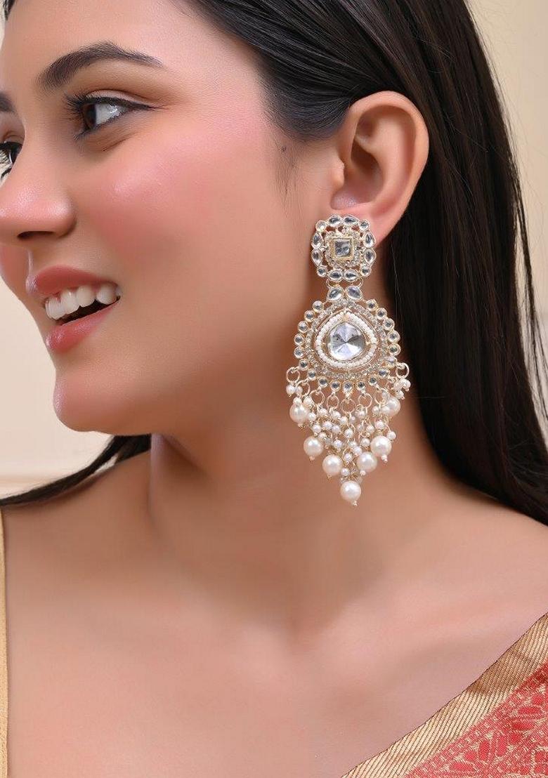 White Kundan Studded Drop Earrings