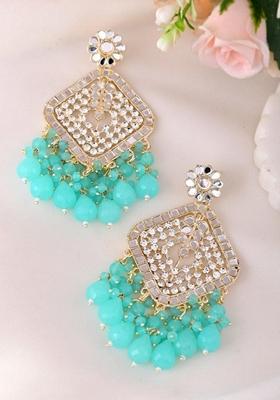 Teal Blue Kundan And Teal Stone Studded Drop Earrings