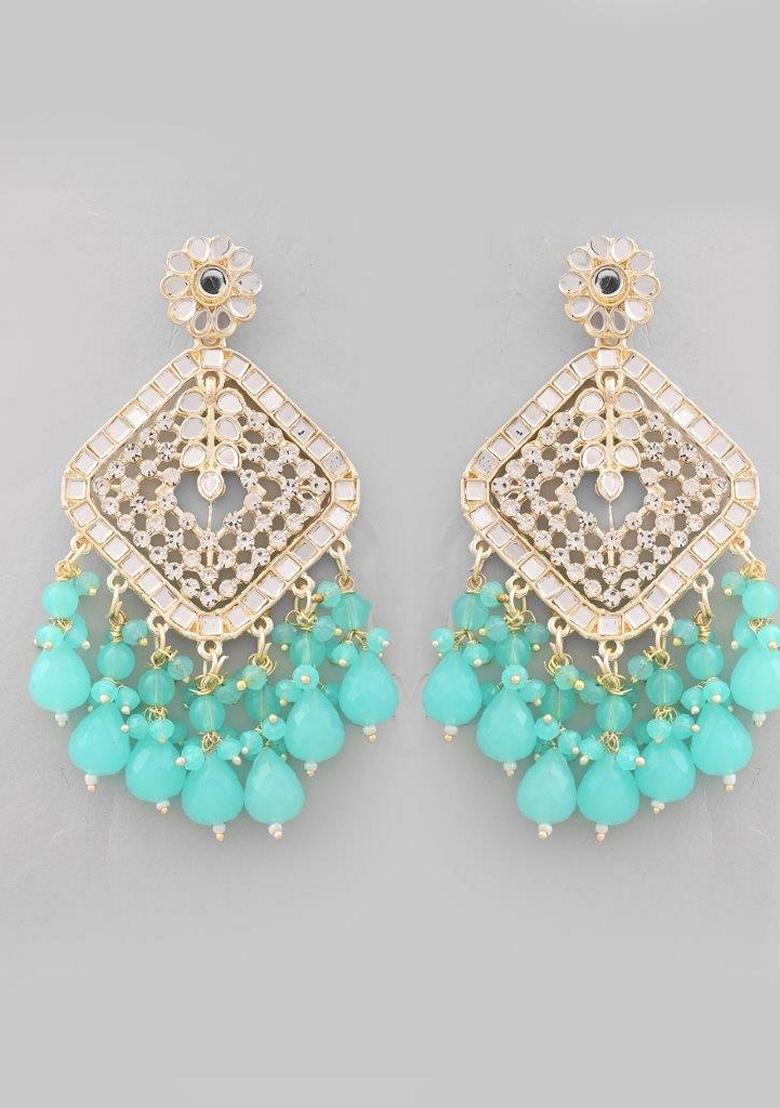 Teal Blue Kundan And Teal Stone Studded Drop Earrings