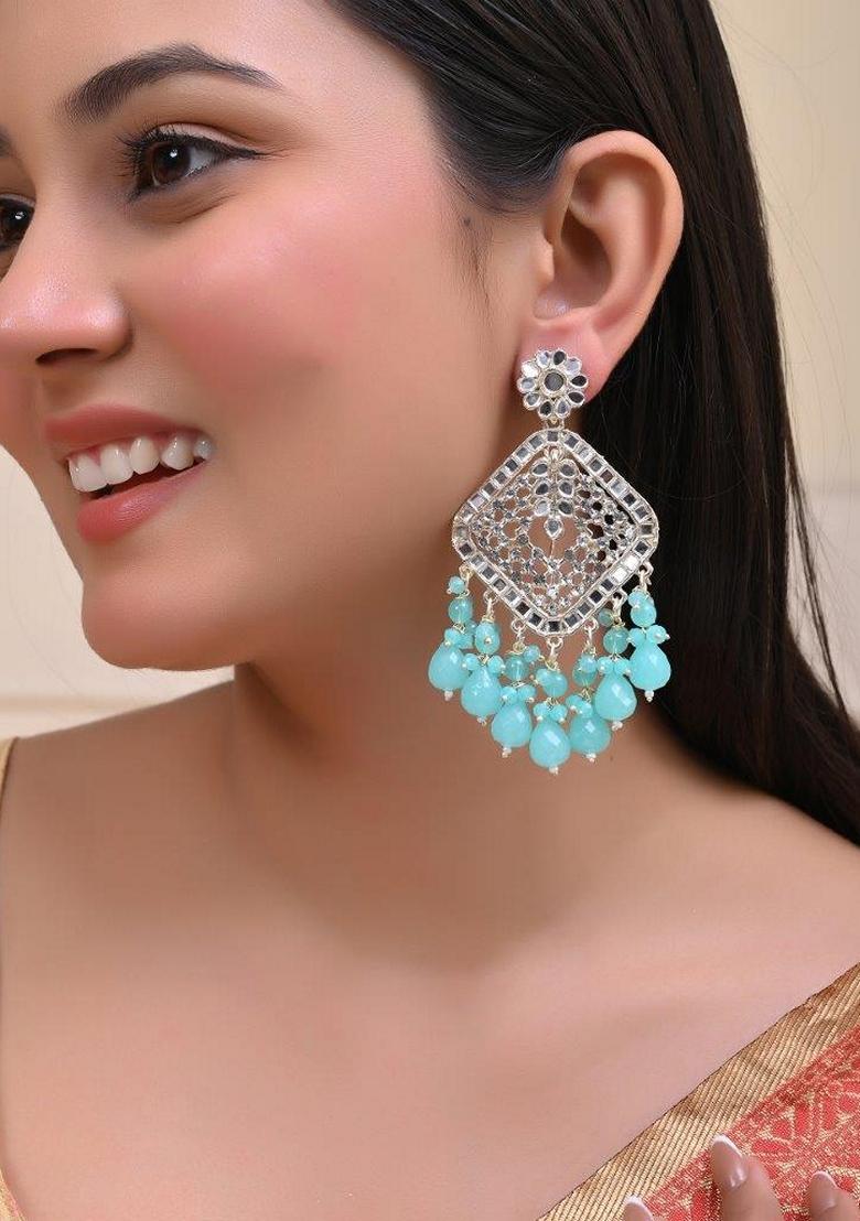 Teal Blue Kundan And Teal Stone Studded Drop Earrings