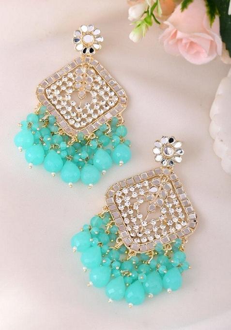 Teal Blue Kundan And Teal Stone Studded Drop Earrings