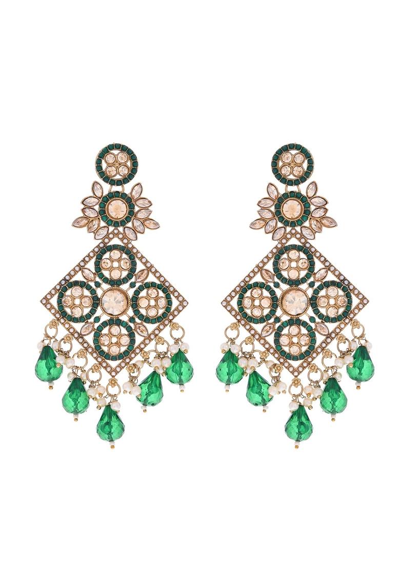 Green Green Stone Studded Square Shapped Earrings