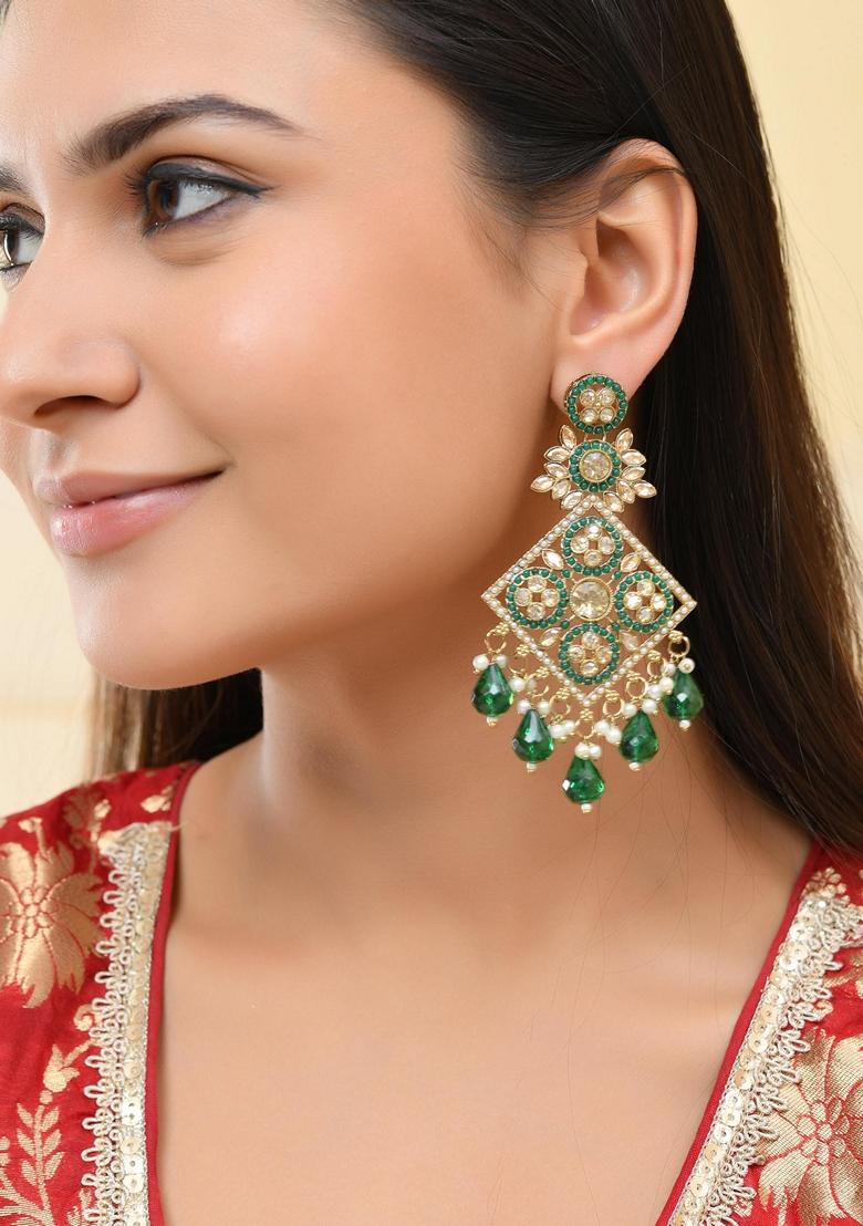 Green Green Stone Studded Square Shapped Earrings
