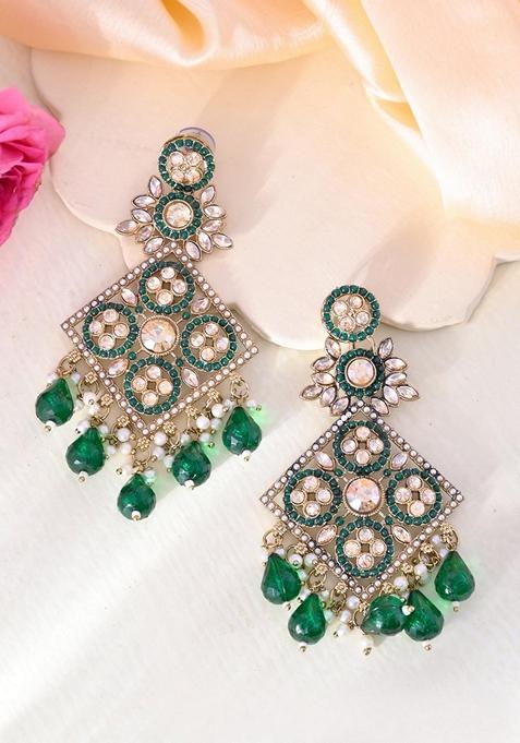 Green Green Stone Studded Square Shapped Earrings