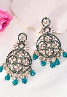 Teal Green Teal Green Stone Studded Circle Shapped Earrings