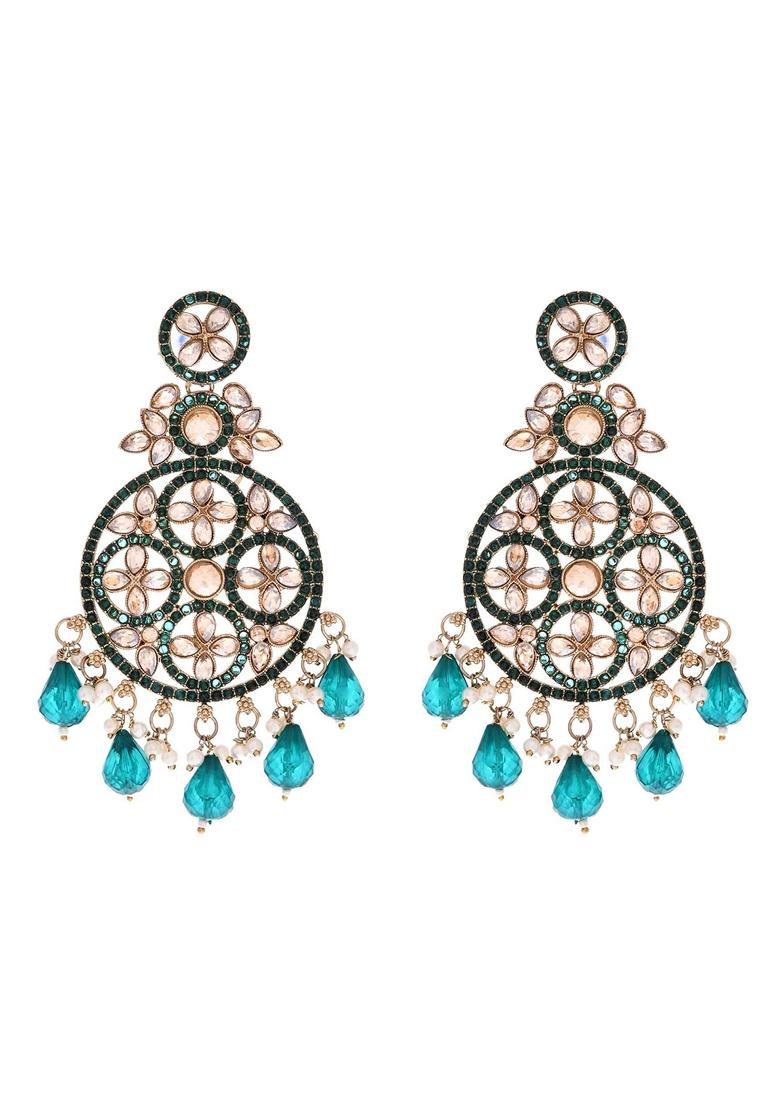 Teal Green Teal Green Stone Studded Circle Shapped Earrings