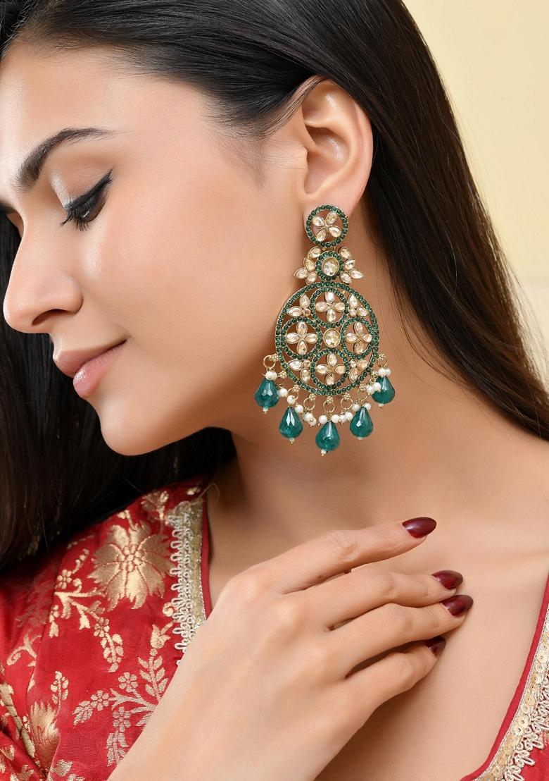 Teal Green Teal Green Stone Studded Circle Shapped Earrings