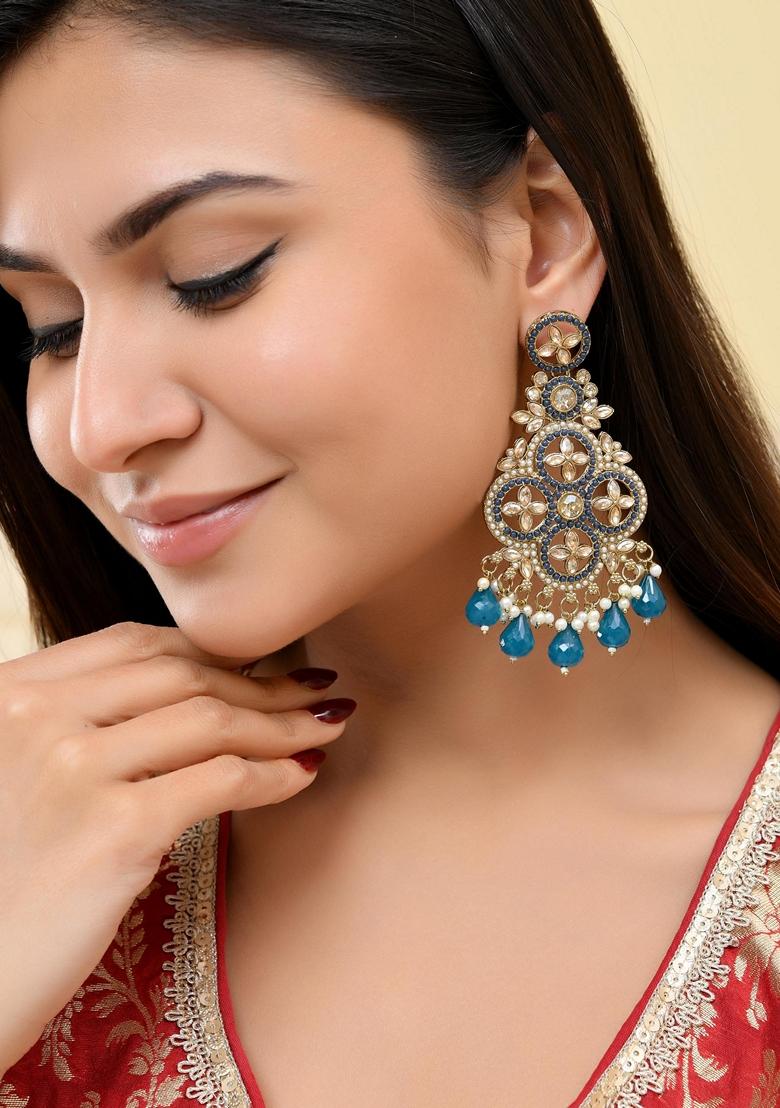 Blue Blue Stone Studded Crescent Shapped Earrings