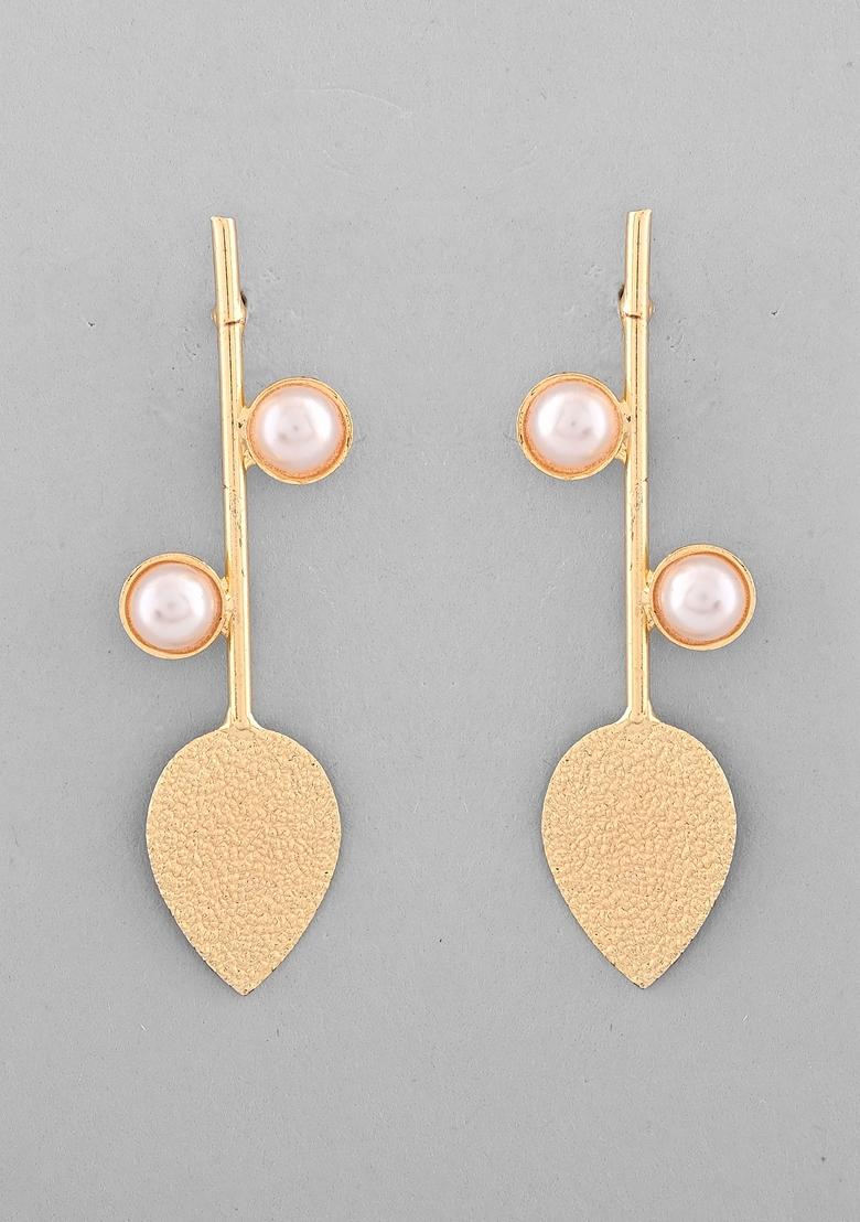 Gold Plated Leaf Shaped With Pearl Studded Earrings