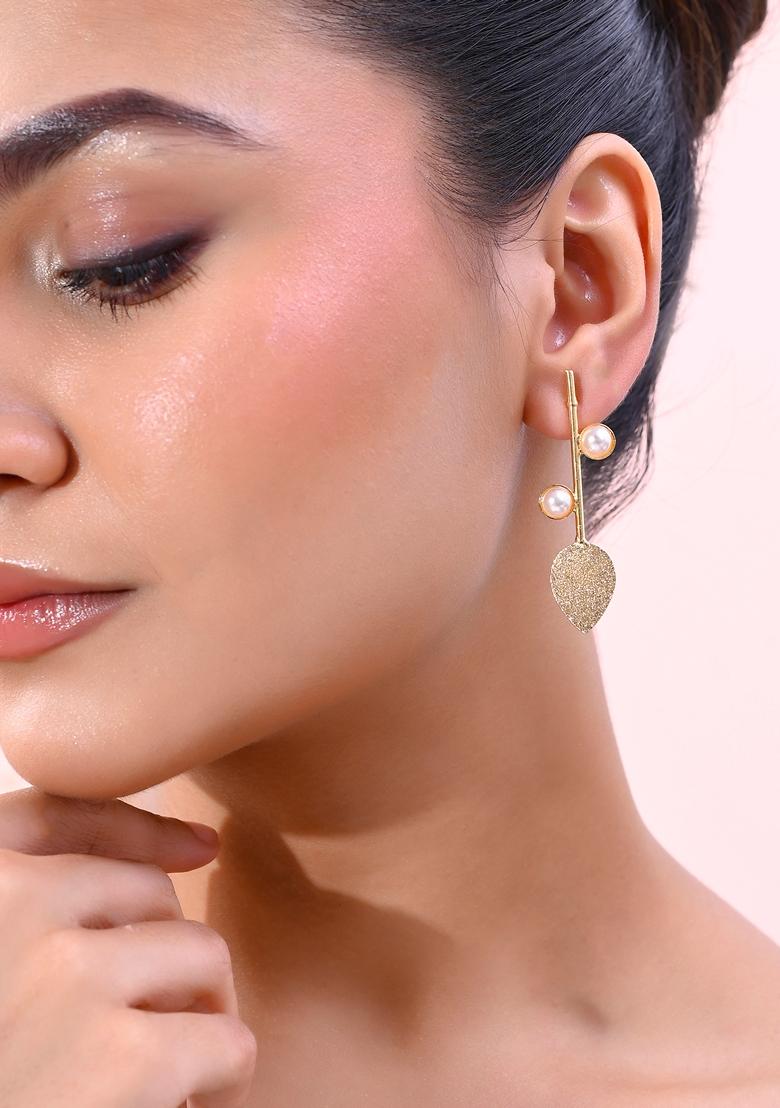 Gold Plated Leaf Shaped With Pearl Studded Earrings