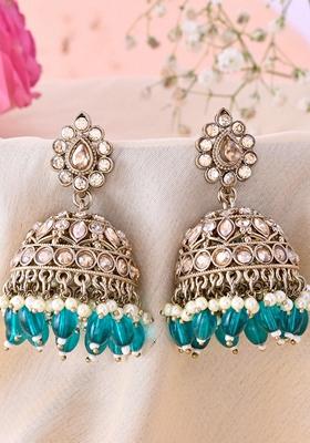 Teal Green Stone Studded Done Shapped Jumkas