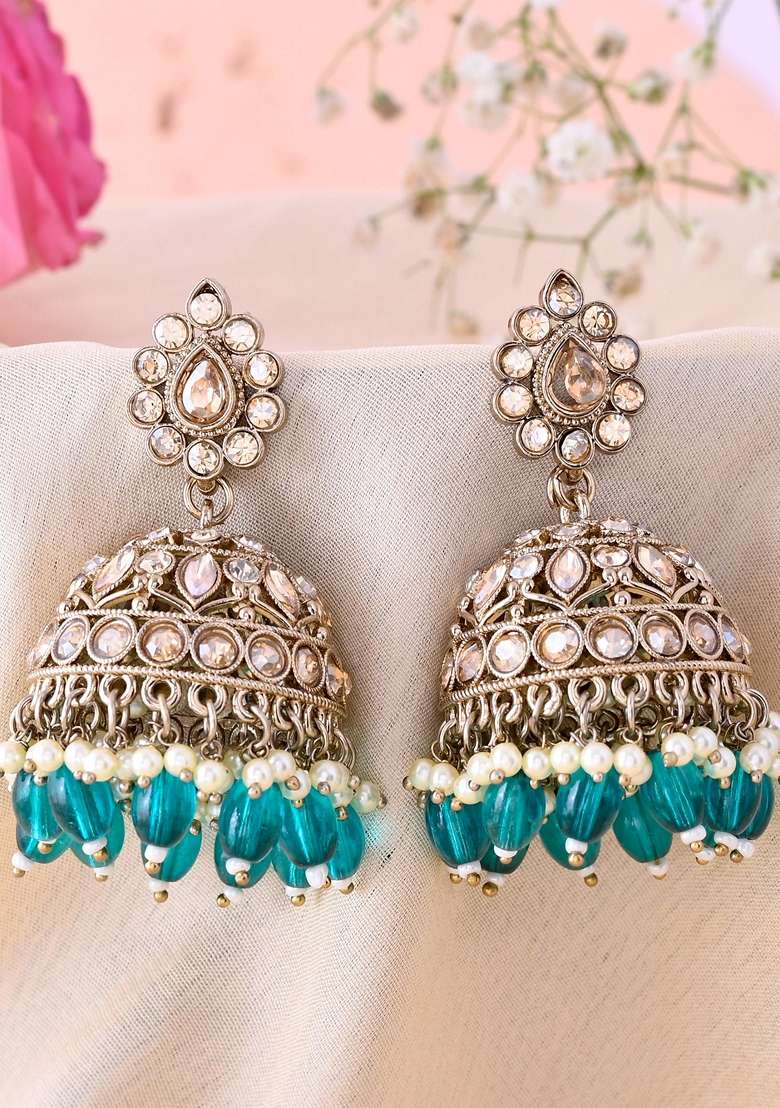 Teal Green Stone Studded Done Shapped Jumkas - Indya