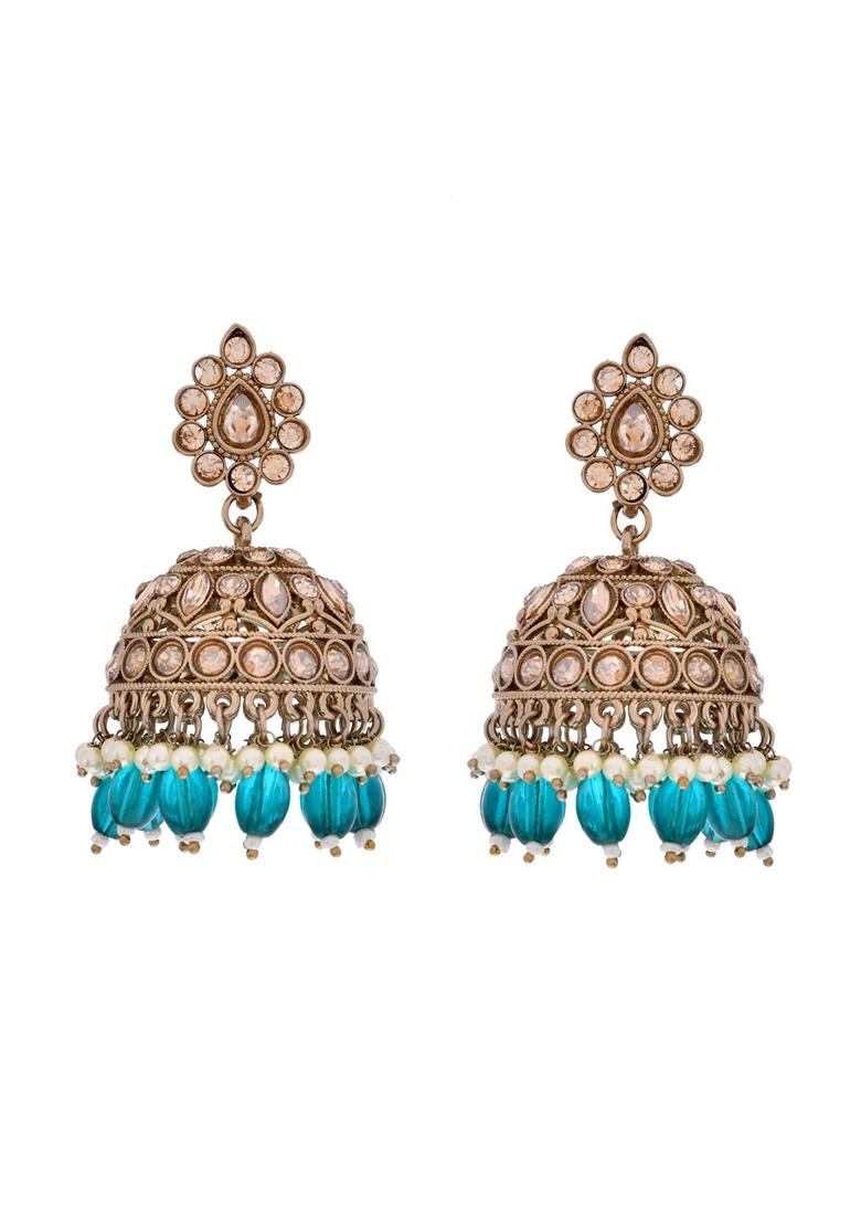 Teal Green Stone Studded Done Shapped Jumkas