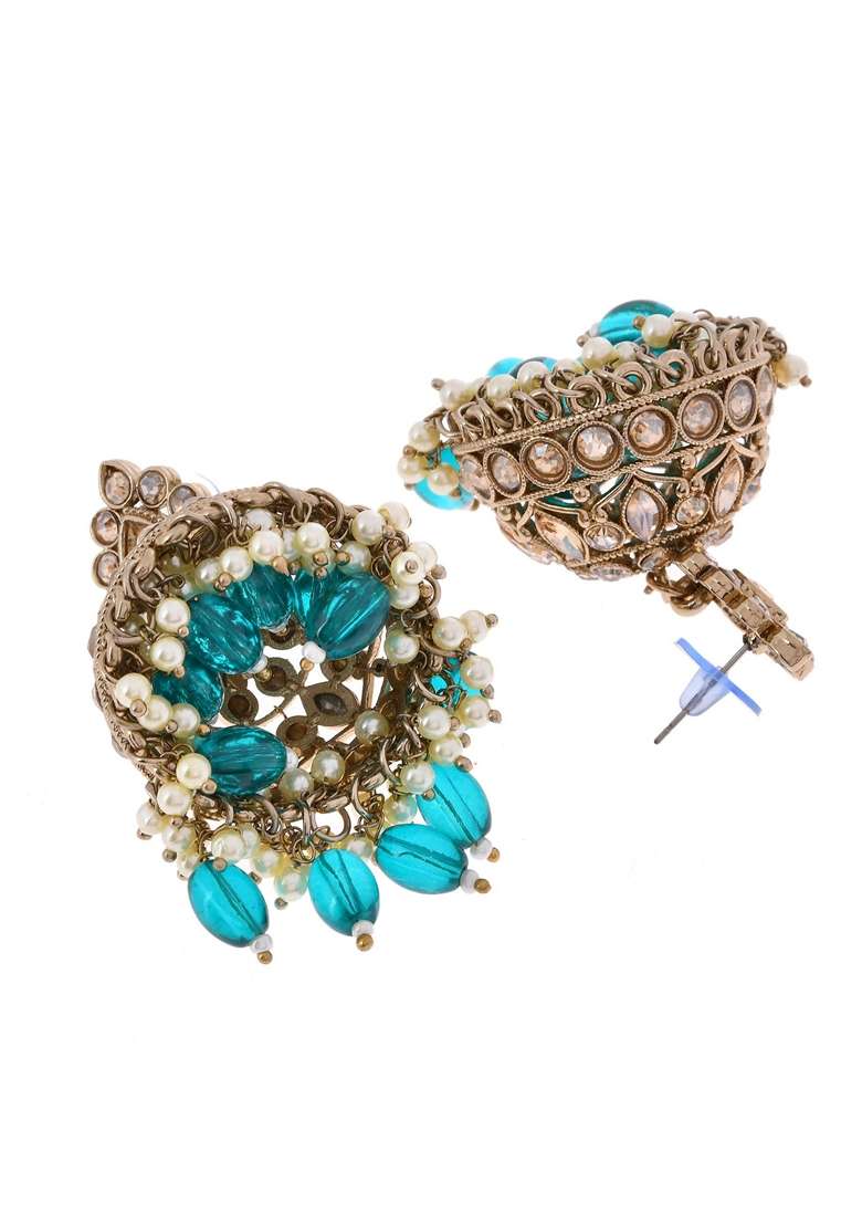 Teal Green Stone Studded Done Shapped Jumkas - Indya
