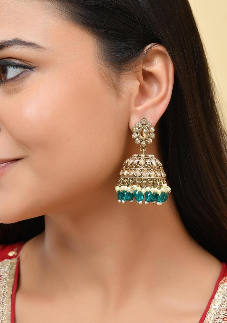 Teal Green Stone Studded Done Shapped Jumkas